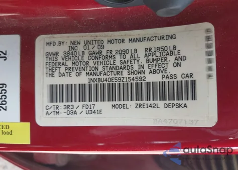 2009 Toyota Corolla S из США, поврежденный, VIN 1NXBU40E59Z154592